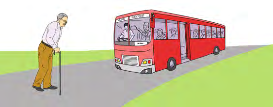 An old man with a stick is crossing in front of a moving bus. The bus might hit the man.