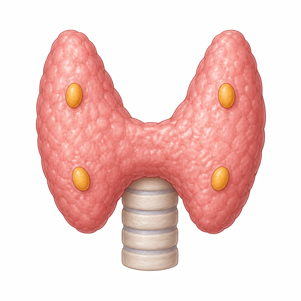The four small parathyroid glands sitting on the back surface of the thyroid gland.