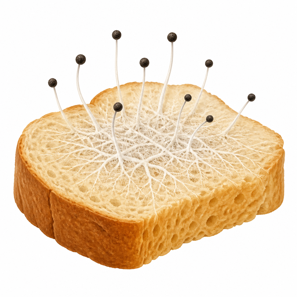 The thread like mycelium of mucor spreading over bread, with round sporangia sitting on the tips of the upright threads