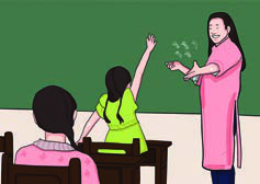 A teacher using a tag question in class: there are five birds on the board, aren't there?
