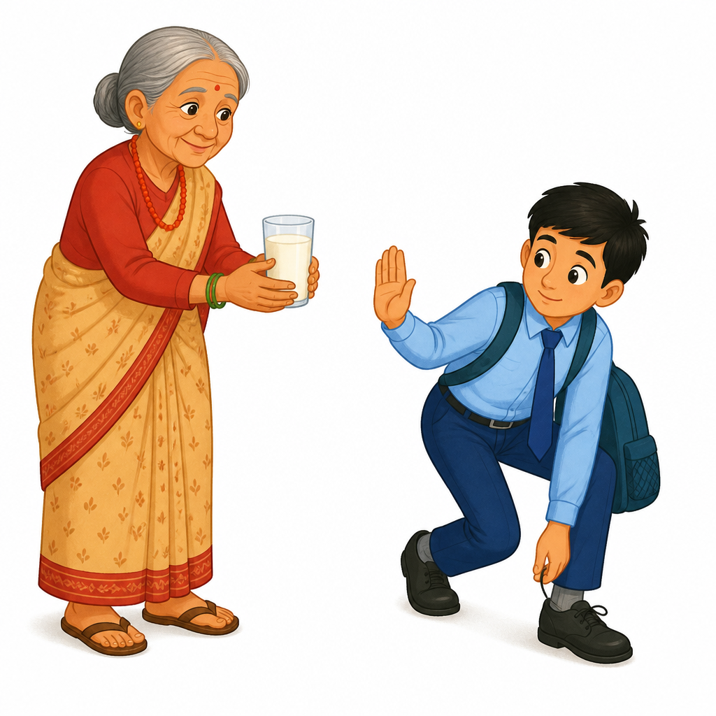 हजुरआमाले दुधको गिलास दिँदै गर्दा नाति विद्यालय जाने हतारमा छ। कथाको सुरुको यही तानातान बुझेपछि मात्र पछिको परिवर्तन बुझिन्छ।