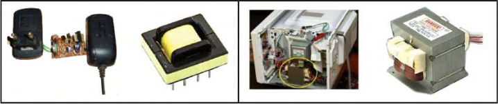 Transformers in use: an opened charger beside the small transformer inside it, and an opened microwave oven beside its large transformer.