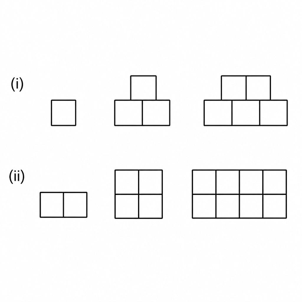 Pattern (i) has 1, 3 and 5 blocks. Pattern (ii) has 2, 4 and 8 blocks.