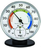A hygrometer dial reading the moisture in the air, with the comfortable range marked in the middle.