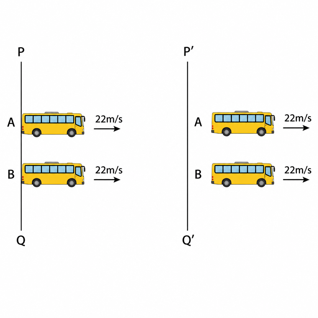 Both buses cover the same distance from the line PQ, so after one second the gap between them is exactly what it was.