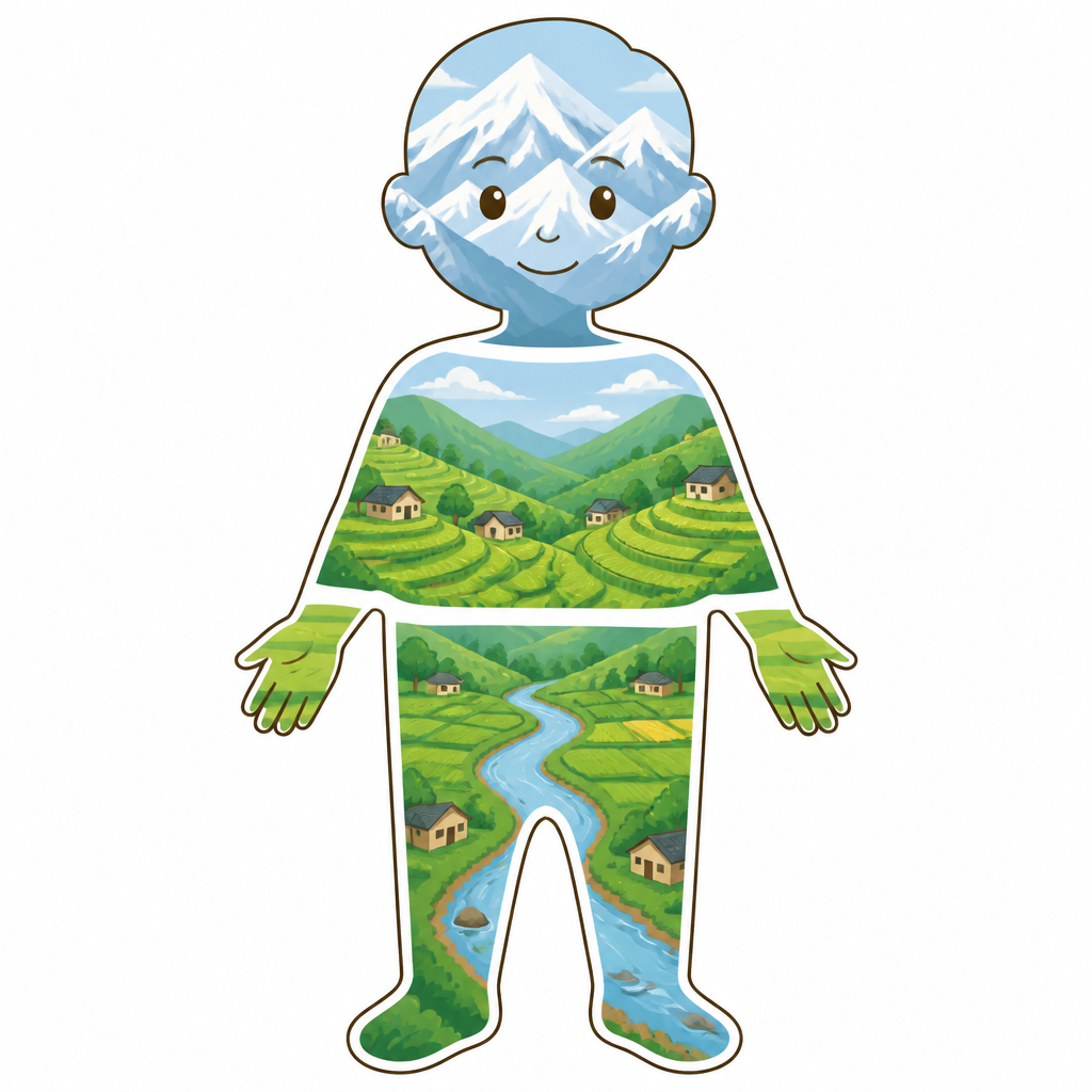 हिमाल शिरमा, पहाड छातीमा र मधेस काखमा: देशलाई एउटै शरीर मानेपछि तीनै भूभाग किन बराबर हुन् भन्ने यसैले देखाउँछ।