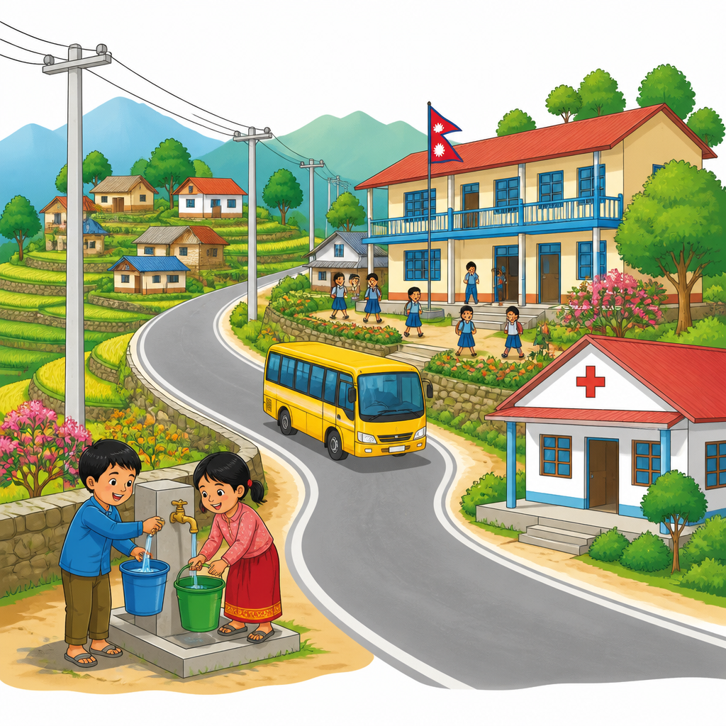 पूर्वाधार बनेपछिको काउले गाउँ, जहाँ बाटो, बिजुली, धारा, विद्यालय र स्वास्थ्य केन्द्र एकै ठाउँमा देखिन्छन्