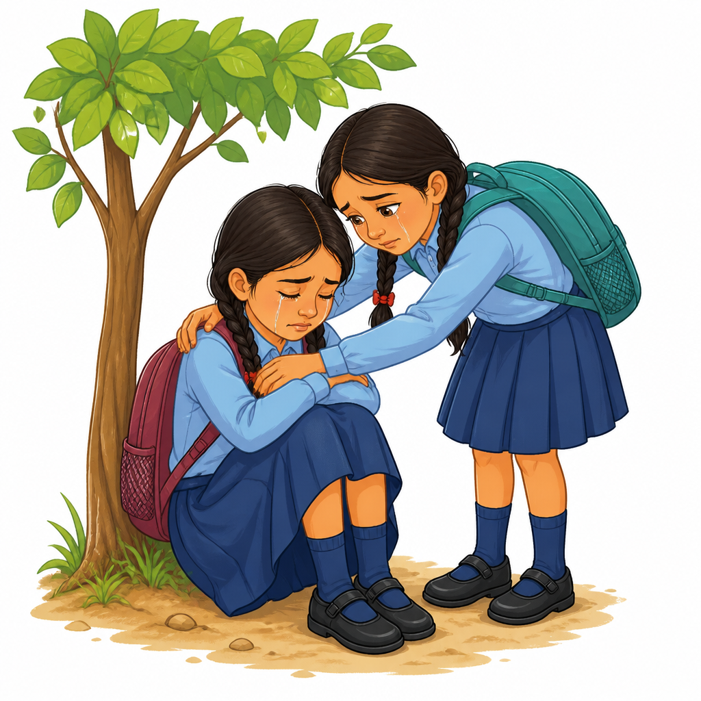 रुखको फेदमा रोइरहेकी साथीलाई अर्कीले अँगालो हालेको यही क्षणबाट कथाको मिलाप सुरु हुन्छ।