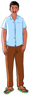 A tall, thin man with short black hair and a moustache, wearing a light blue shirt and sandals.