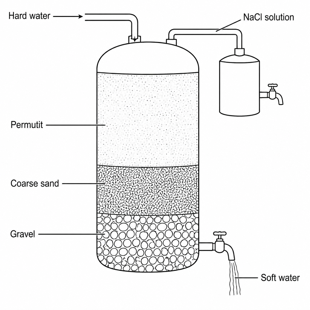 In the Permutit method hard water enters at the top, passes down through the layers of sodium zeolite, sand and gravel, and leaves the outlet as soft water.