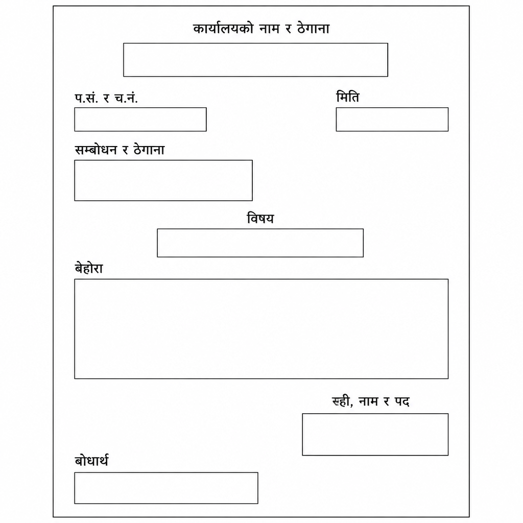 कार्यालयीय चिठीका अङ्ग कागजमा कुन ठाउँमा बस्छन् भन्ने ढाँचा ।