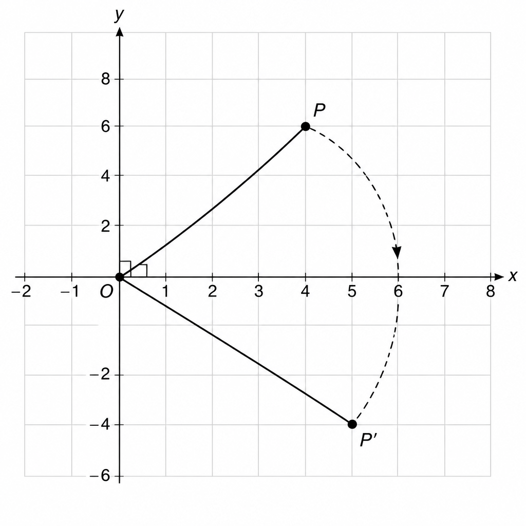 The arc and the two equal radii are what show a quarter turn: the point keeps its distance from the centre while the angle at the centre is a right angle.