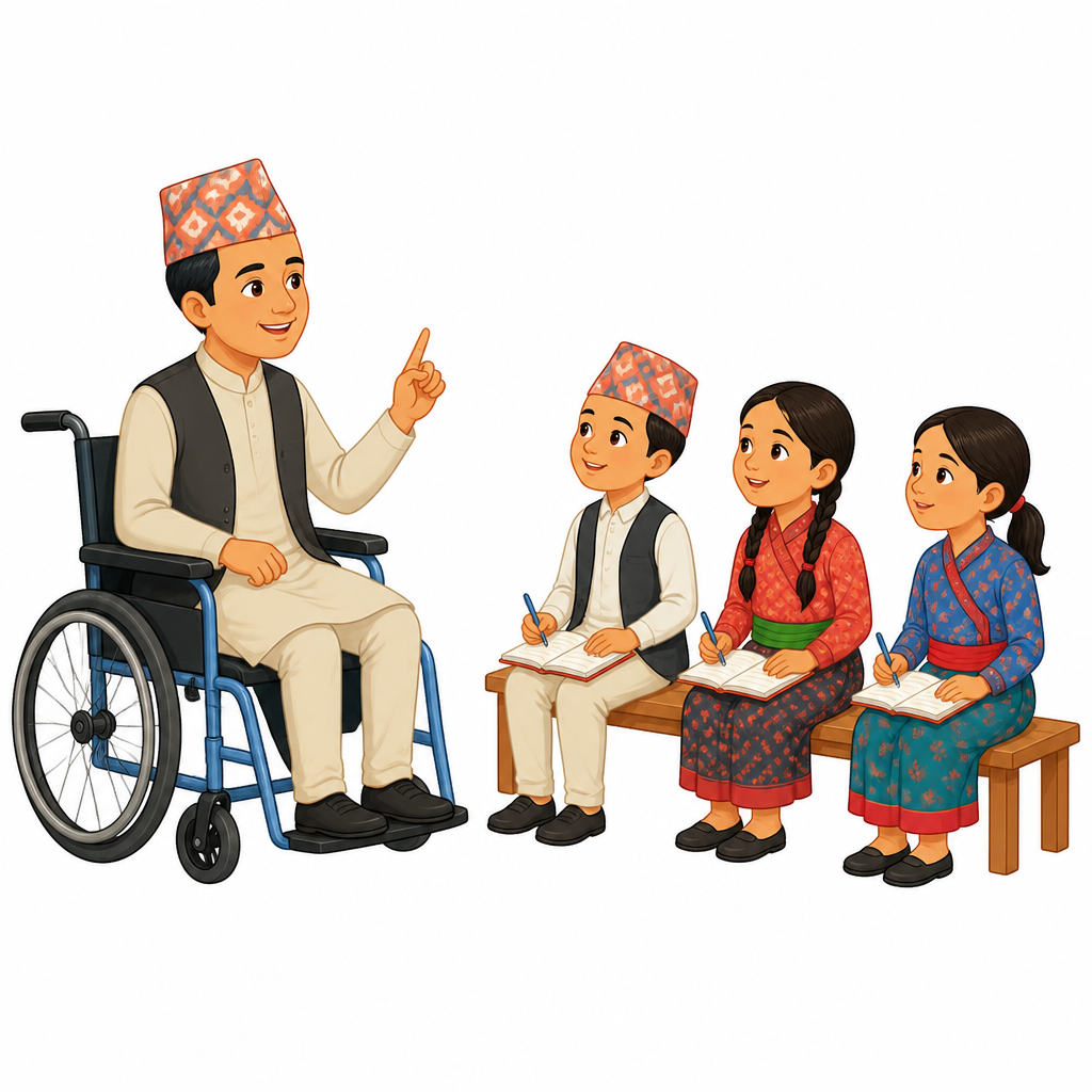 शरीरको एक भाग नचले पनि पढाउने काम गर्न सकिन्छ भन्ने कुरा देखाउने चित्र।