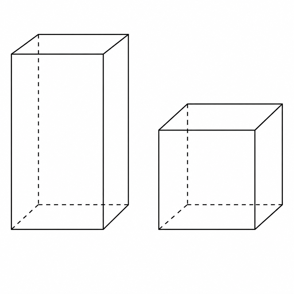 A cuboid and a cube placed side by side, showing the straight edges and flat faces of each.