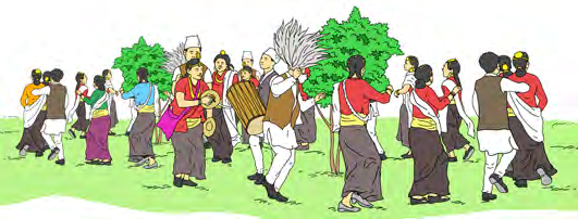 ढोल र झ्याम्टा बजाएर गोलो घेरामा नाचिरहेको दृश्य, जहाँ चाडपर्वमा सबैको सहभागिता देखिन्छ ।