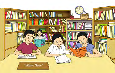 Students talk in the library even though the sign on the desk asks for silence.