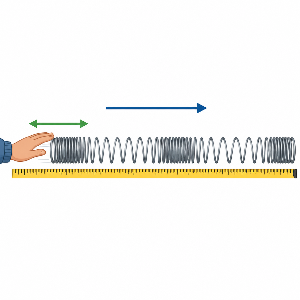 Pushing and pulling the slinky makes its rings bunch up and spread out, and this pattern travels forward. The vibration and the wave point in the same direction.