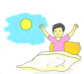 Morning in the poem: while the young are still stretching in bed, the old mother has already lit the fire.