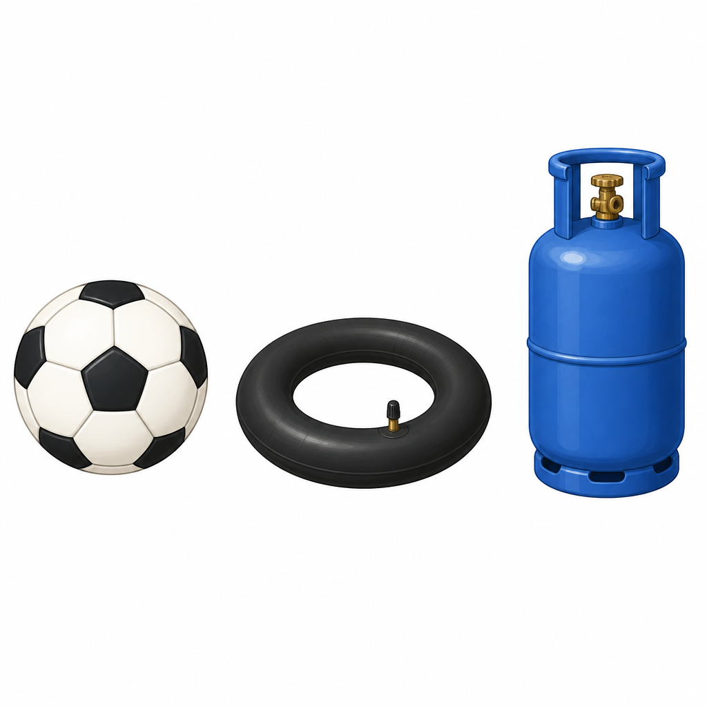 A ball, an inner tube and a gas cylinder all hold air that has been pressed into a small space.