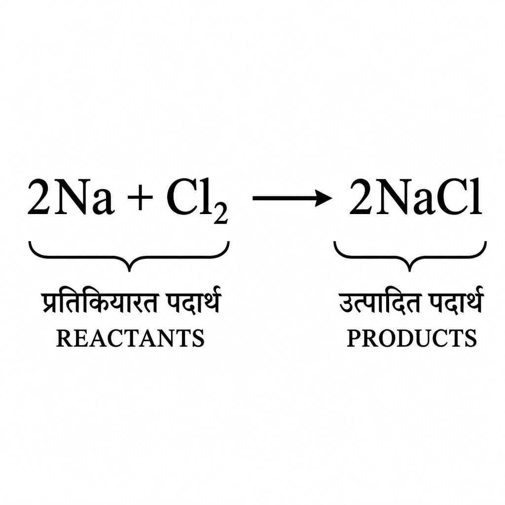 The parts of a chemical equation. What stands on the left are the reactants, what stands on the right are the products, and the arrow between them says that a chemical change has taken place.