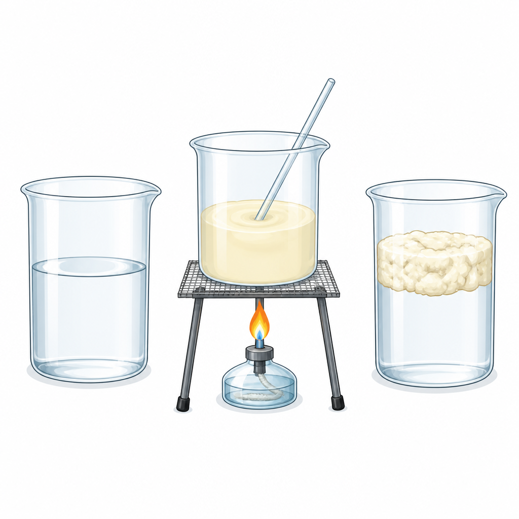 Soap making process: sodium hydroxide solution on the left, oil and sodium hydroxide heated and stirred in the middle, and a crust of soap floating above glycerol on the right.