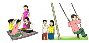 Elders giving tika and children playing on a bamboo swing, two things families do together at Dashain.