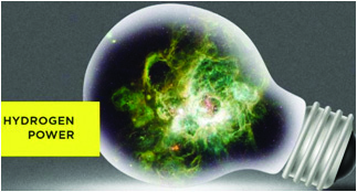 Idea IV. Hydrogen, the most plentiful element in the universe, glowing inside the bulb: once separated, it yields high energy with almost no pollution.