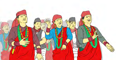 Friends in traditional dress dancing and wishing each other a happy Lhosar.