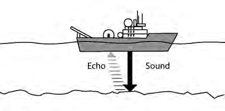A fathometer fitted to a ship: sound goes down and returns from the seabed as an echo.