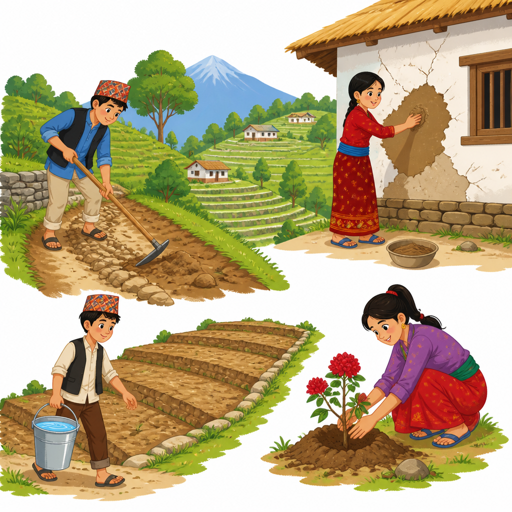 कोदालीले बाटो खन्ने, चर्किएको भित्ता माटोले टाल्ने र सुक्खा गरामा पानी लैजाने काम । कविताले भनेको 'आफ्नै पसिना' यही हो ।