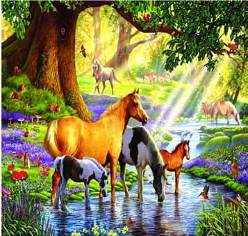 Horses standing in a stream with nowhere to hurry to, the unhurried life the poem holds up against ours.