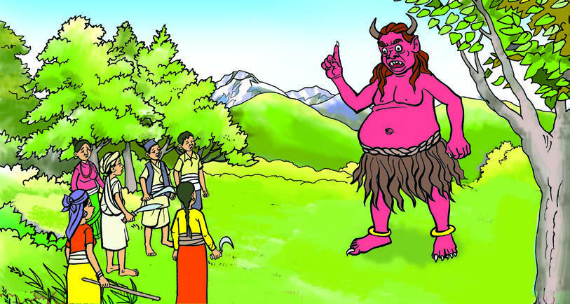 खुकुरी, हँसिया र लाठी बोकेका थोरै गाउँलेका सामु पहाडजत्रो अजङ्गको राक्षस: यही दृश्यले गाउँमाथि आइपरेको आपत् कति ठुलो थियो भन्ने देखाउँछ।