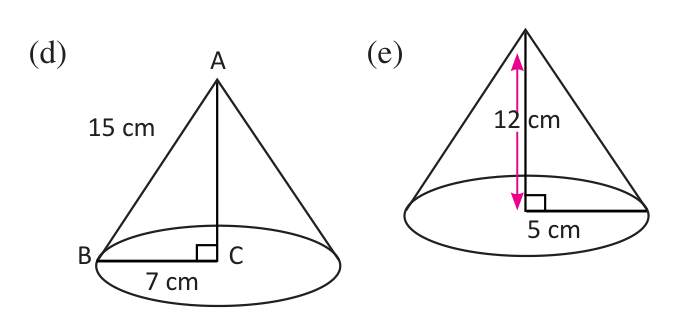 Cones (d) and (e). In (d) the 15 cm is the length of the slant side AB.