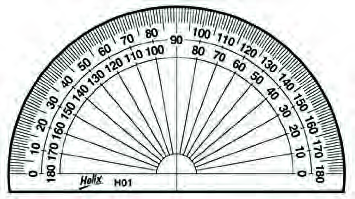 A protractor for measuring angles. Between two numbered marks there are 10 small divisions.