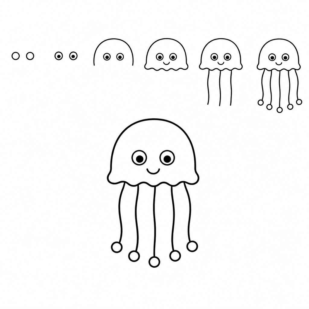 A jellyfish drawn in six stages, from two small circles to the finished animal. Each stage adds one new part.