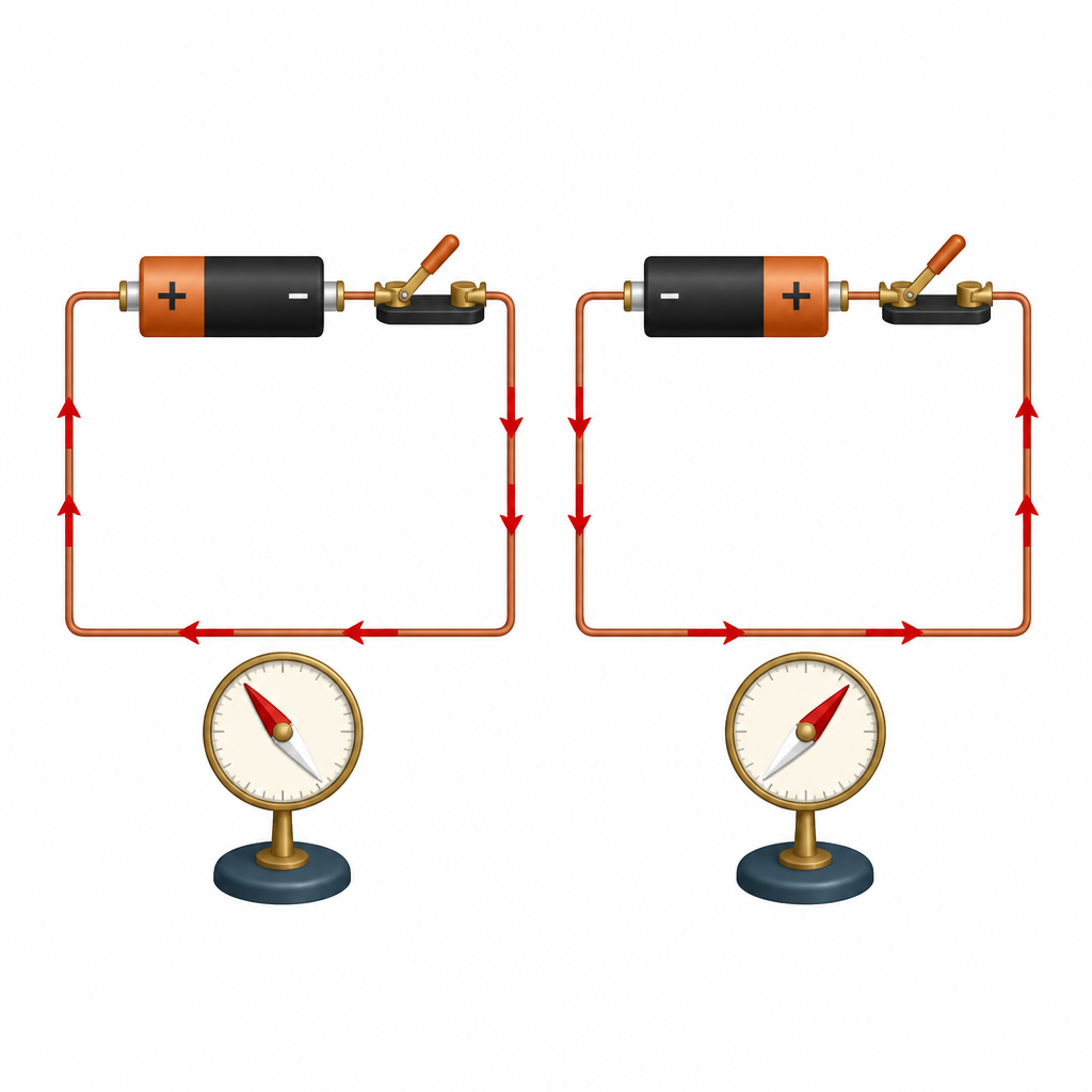 The needle turns one way when the current flows one way, and the opposite way when the battery is reversed.