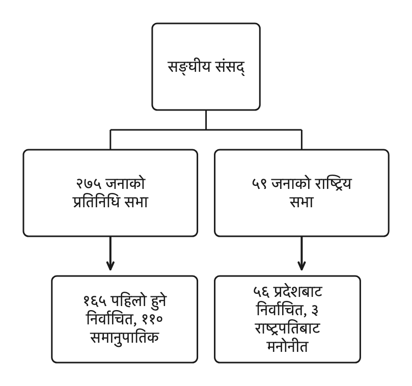 सङ्घीय संसद्का दुई सदनमा कति सदस्य कुन बाटो हुँदै पुग्छन् भन्ने एउटै ढाँचामा देखिन्छ।