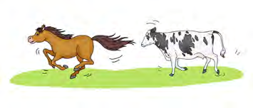 The horse is running faster than the cow.