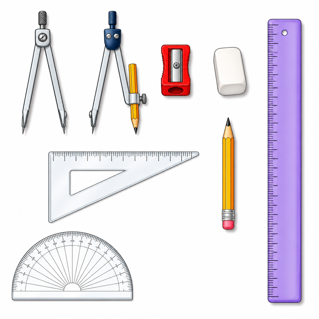 The instruments of a geometry box; what they share is that each one is used for drawing or measuring.