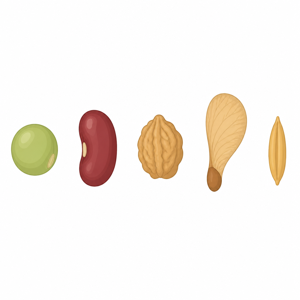 Seeds of different plants take different shapes: round, oval, wrinkled, wing-like and long.