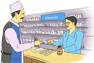 The customer hands his prescription across the counter to the chemist.