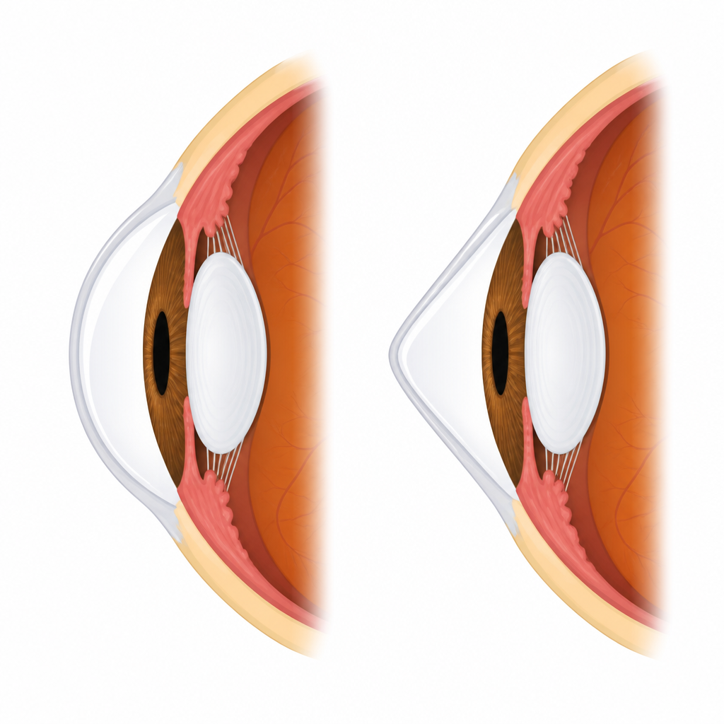Seen from the side, a normal cornea is a smooth dome, while in keratoconus it bulges forward into a cone.