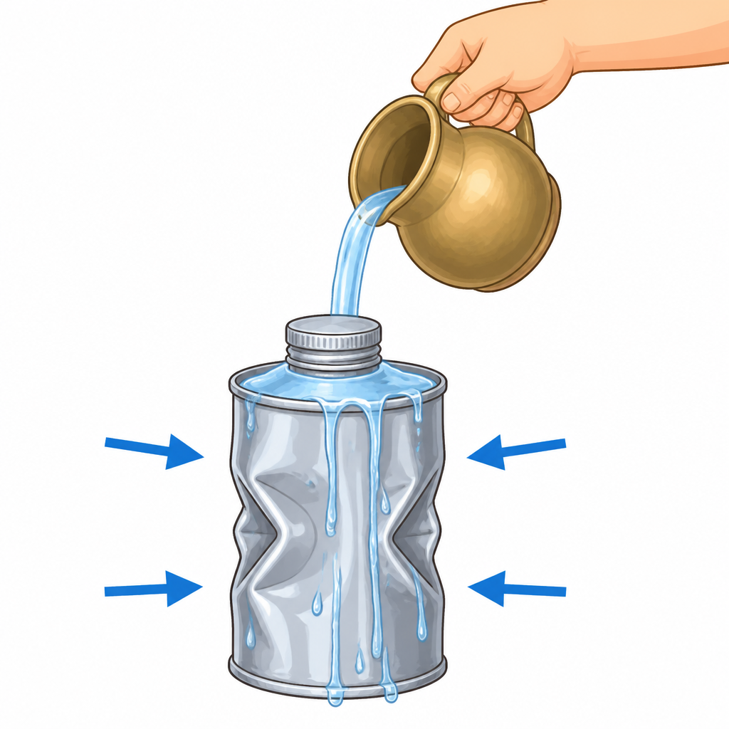 After cold water is poured on it, the closed can buckles inward on its own.