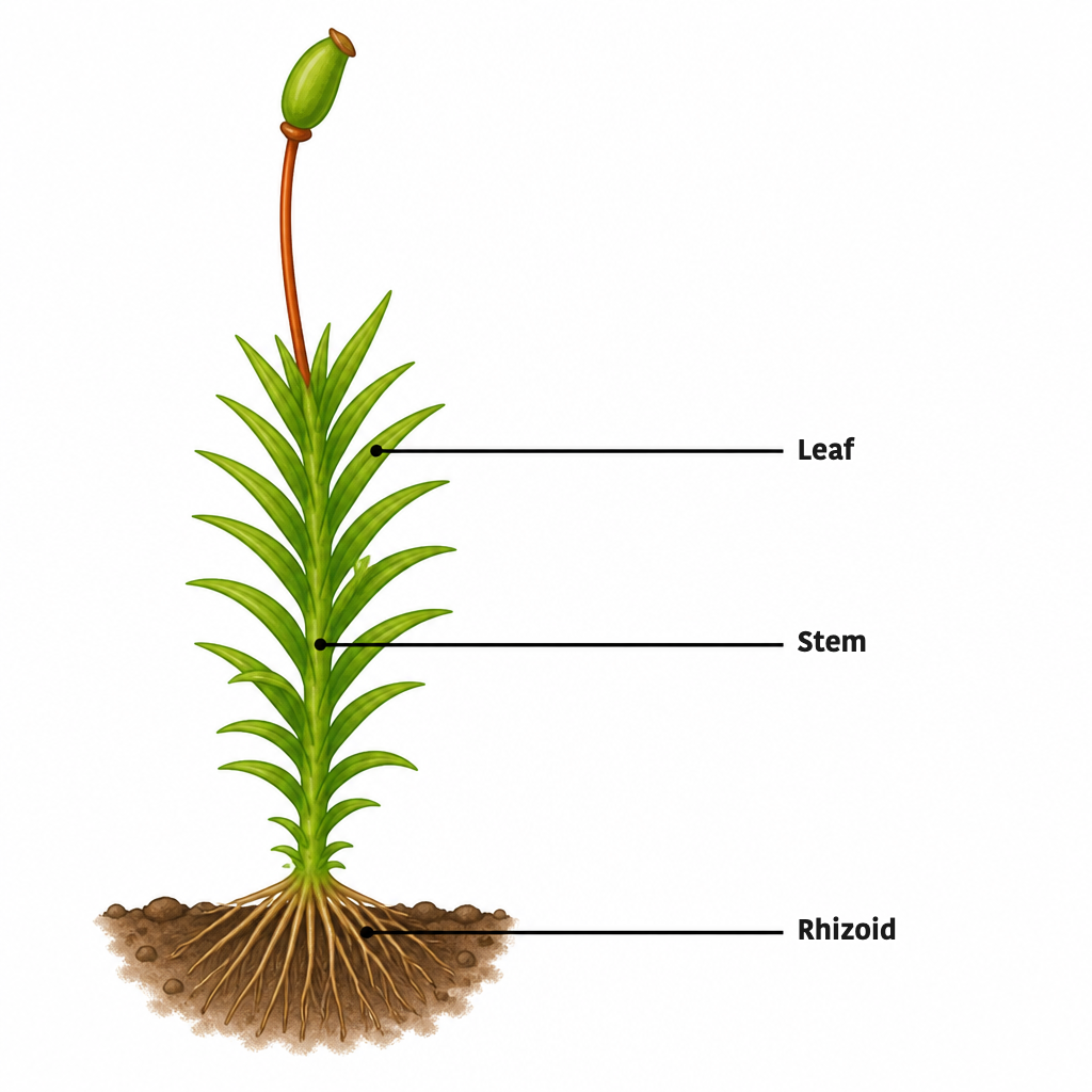 The parts of a moss plant: rhizoids anchoring it to the soil, a small stem and simple leaves.