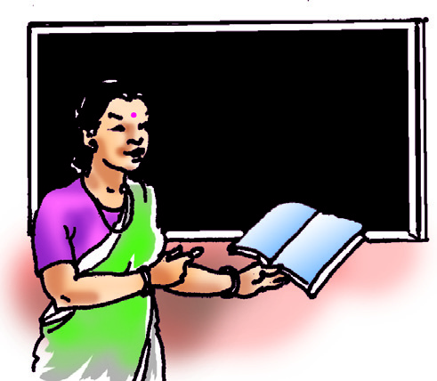 कालोपाटीअगाडि किताब लिएर पढाइरहेकी शिक्षिका