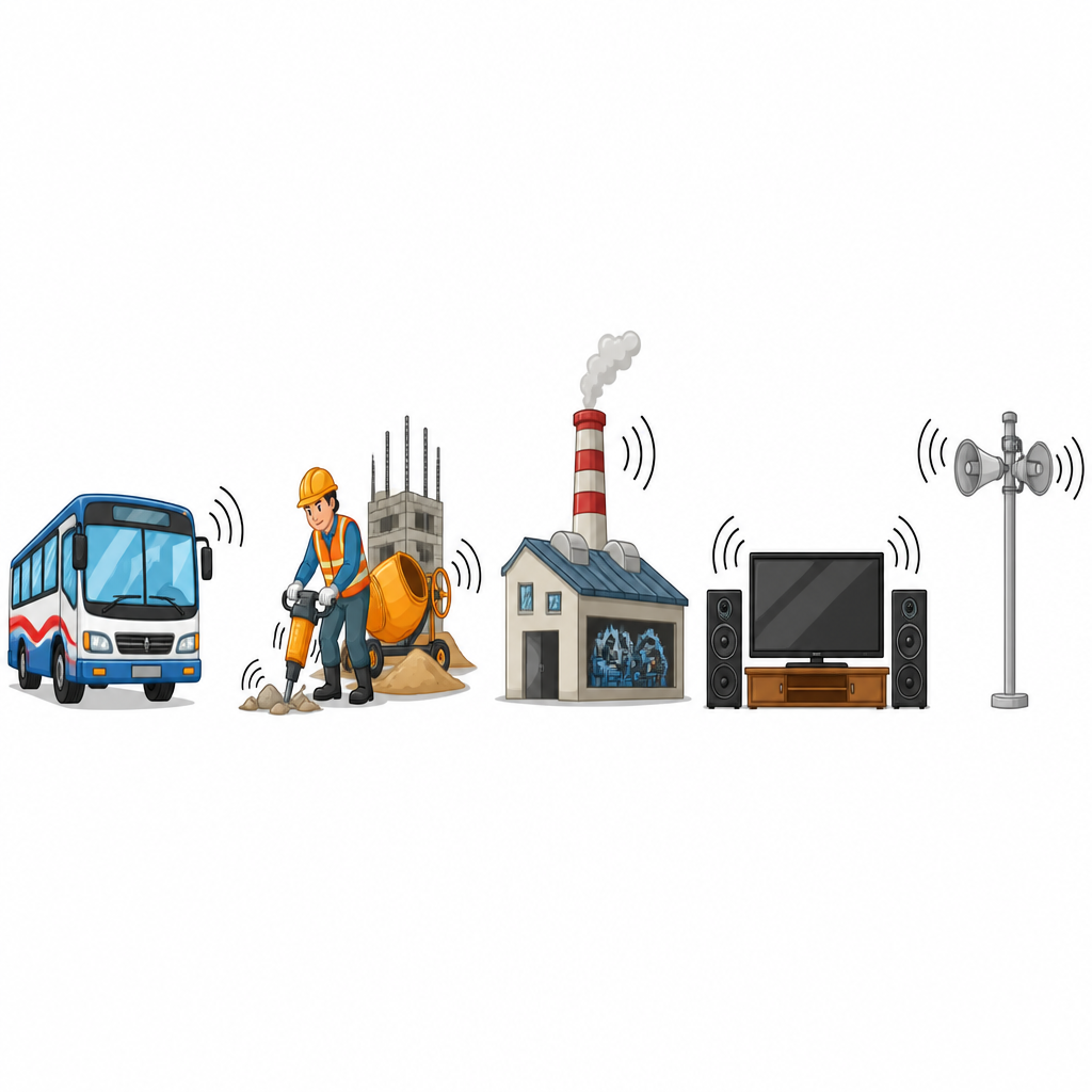 Sources of noise that sit side by side in one town area and keep noise pollution going all day.