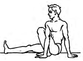 Vakrasana: one leg bent, the other stretched straight, the hand behind pressing on the floor and the head turned to one side