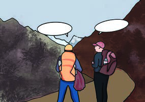 Two travellers talking on a mountain path. The poem below is exactly this kind of conversation: one traveller asks about the road ahead, and a wiser voice answers.