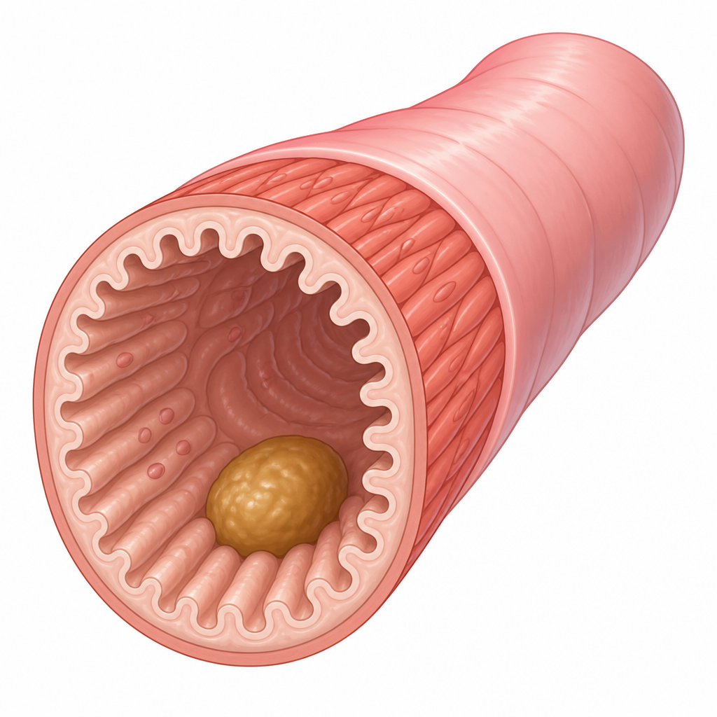 The wall of the intestine: the glands that release enzymes on the inside, and the muscle tissue that pushes the food along outside them.