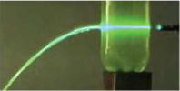 A laser beam sent into a bottle of cloudy water follows the curved stream pouring out of the hole.